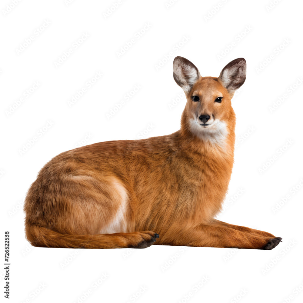 Chinese water deer lying down, isolated on white background