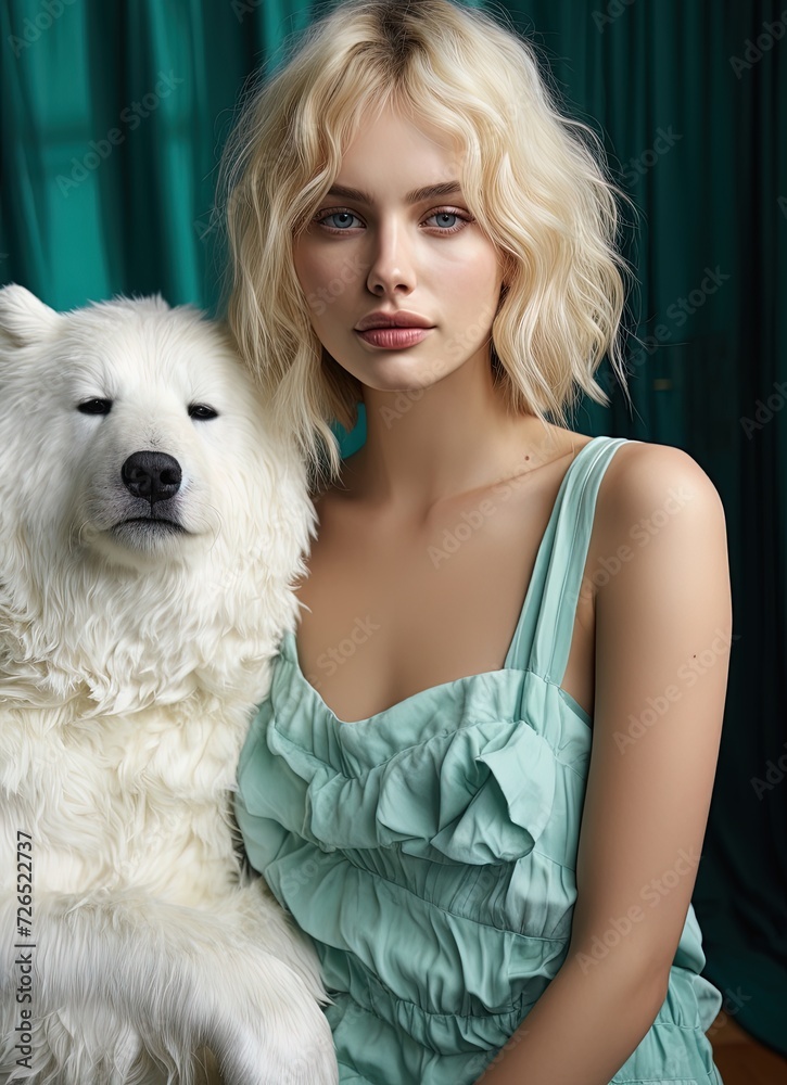 Portrait of a young blonde model with a beautiful soft white fur puppy. Portrait of a young blonde model with a beautiful soft white fur puppy.