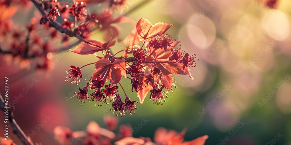 Macro shot of blooming crimson maple in the spring with out of focus backdrop.