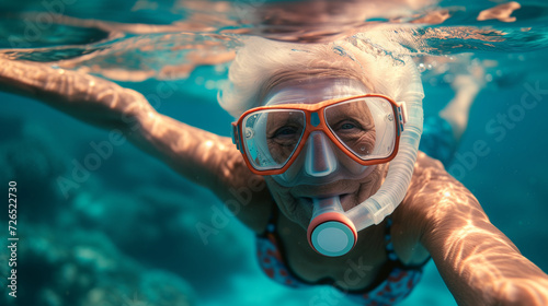 An elderly woman joyfully snorkels, relishing the underwater world and embracing an active lifestyle in her mature years