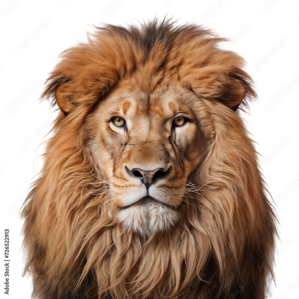 Close up face of a lion panthera leo, isolated on white background