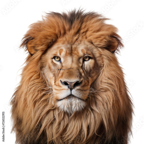 Close up face of a lion panthera leo, isolated on white background