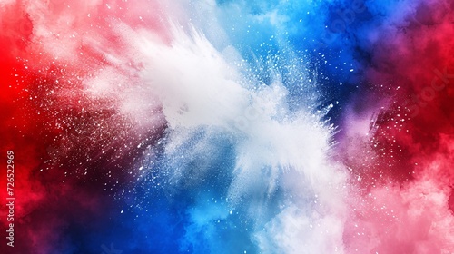 Vibrant explosion of blue, white, and red holi powder on a white background, representing France and its culture. photo