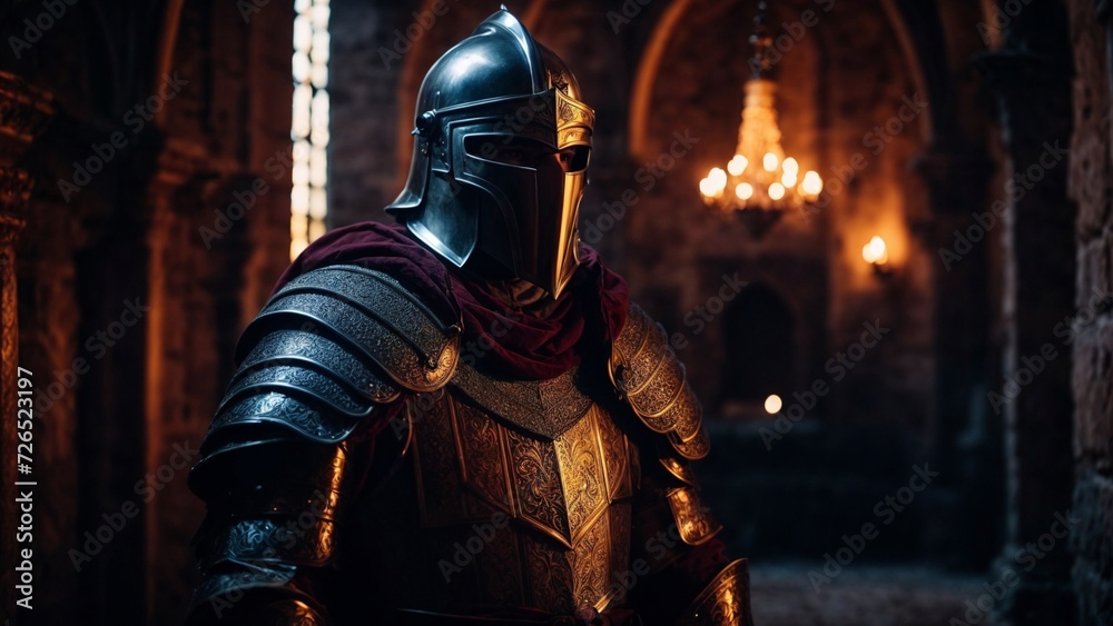 Close-up high-resolution image of a brave medieval paladin warrior in a dark castle.