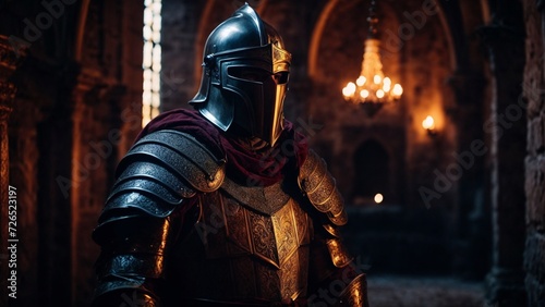 Close-up high-resolution image of a brave medieval paladin warrior in a dark castle.