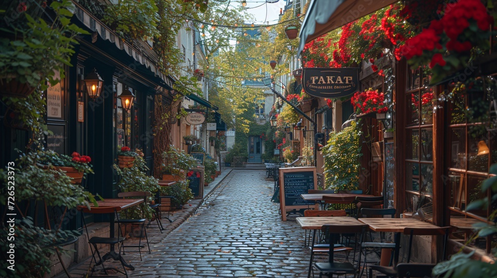 Intimate Parisian street lined with caf√© tables showcasing the city's iconic architecture and landmarks.