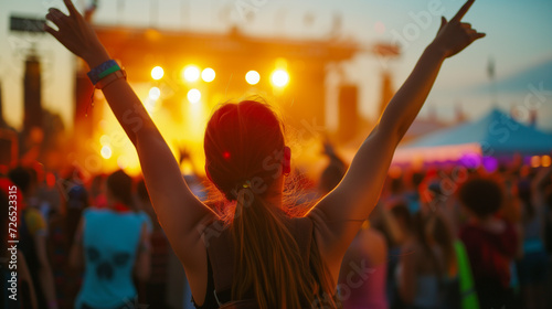 A lively music festival captivates a diverse crowd from behind. The collective energy pulses through, celebrating the universal language of music in a joyous atmosphere