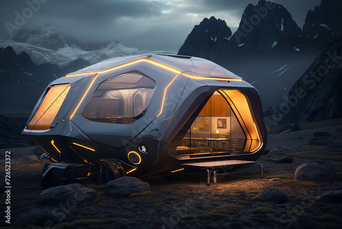 AI generation picture image of modern futuristec caravan house tent of future photo