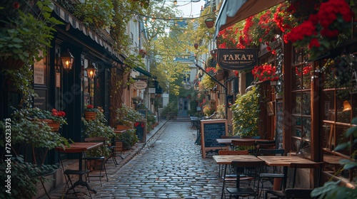 Intimate Parisian street lined with caf√© tables showcasing the city's iconic architecture and landmarks.