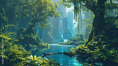 Beautiful fantasy tropical forest nature landscape.