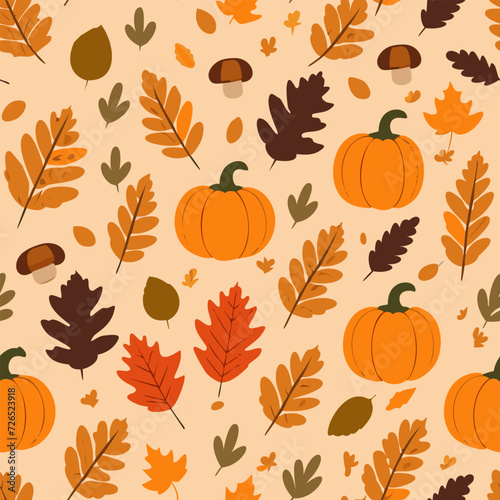 seamless autumn pattern vector texture - pumpkin leaves fall mushrooms