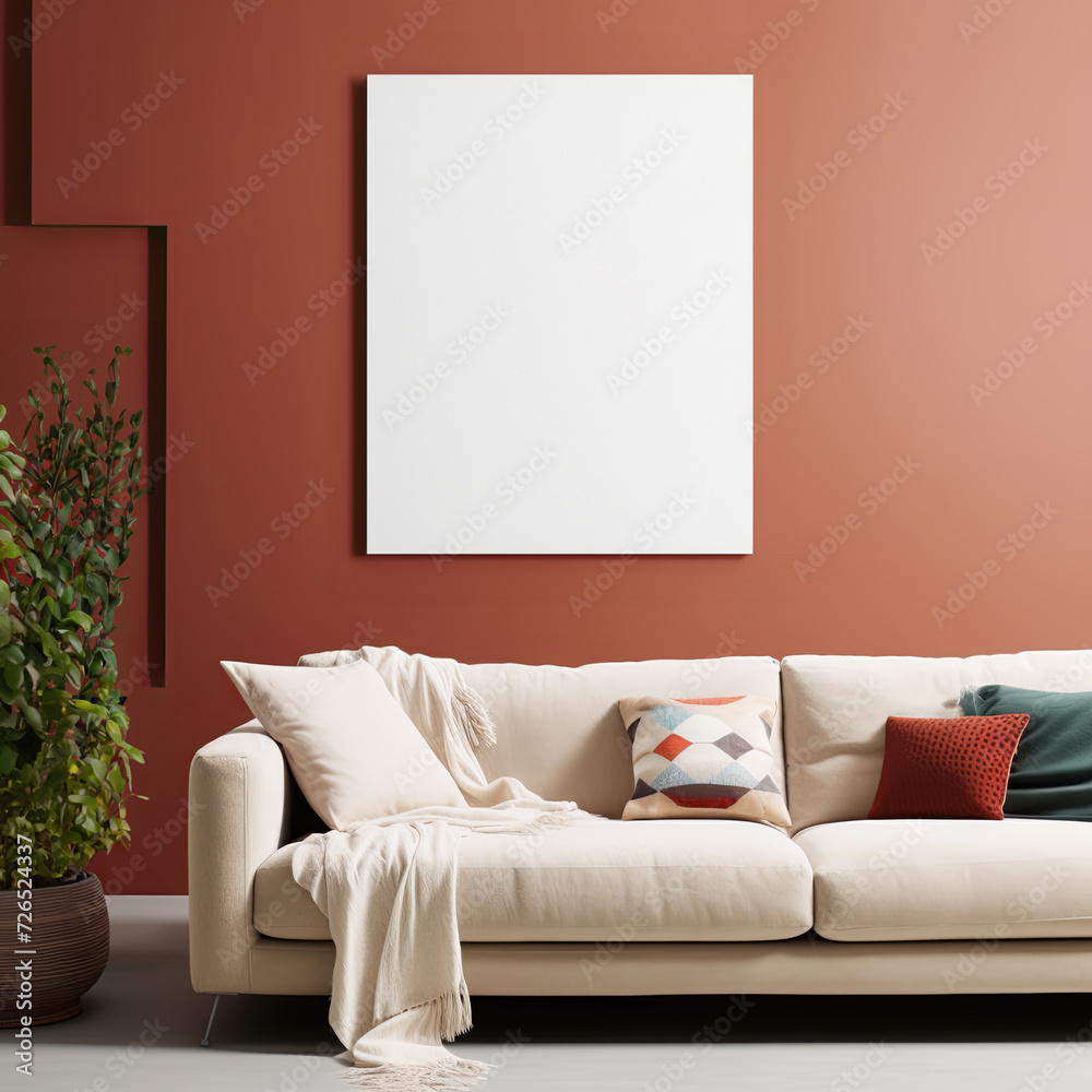 Mockup with empty poster on the wall above a cozy sofa in the living room for a cozy, comfortable and relaxing interior Mockup with empty poster on the wall above a cozy sofa in the living room for a cozy, comfortable and relaxing interior