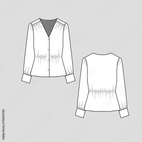 V neck Gathering top full open button panel waist gathering shoulder ruched detail long sleeve with cuffs  t shirt top blouse fashion flat sketch technical drawing template design vector