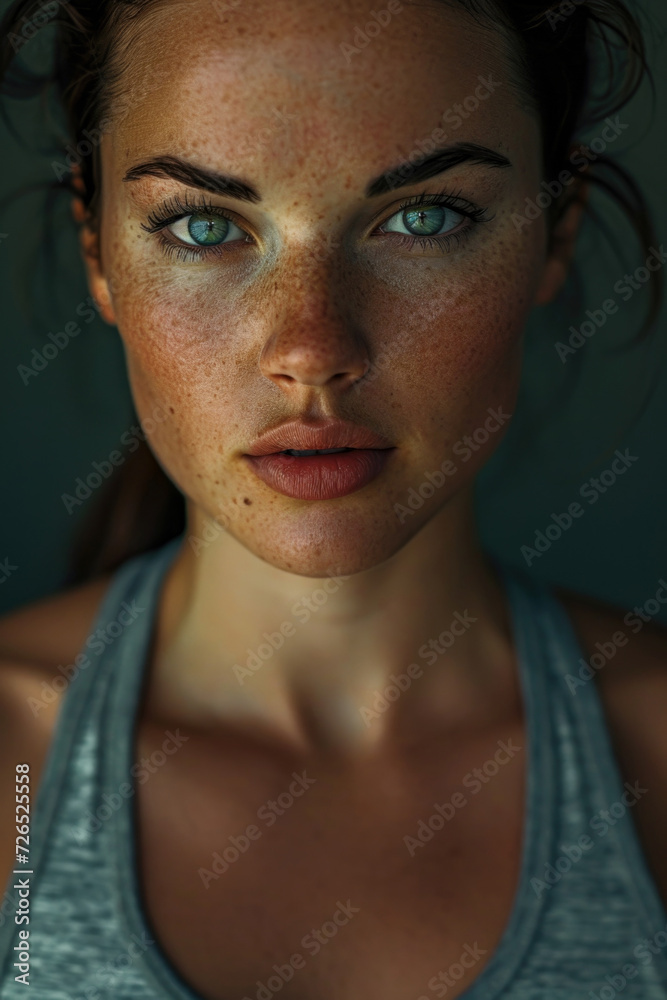 Fototapeta premium A compelling close-up image captures the allure of a fit and attractive woman in a gym setting. Her determined expression and toned features embody the dedication to a healthy and active lifestyle.