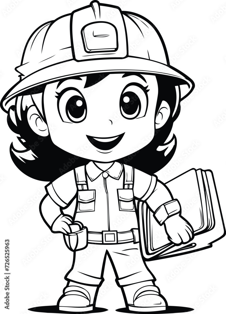 Firefighter Girl - Black and White Cartoon Illustration. Isolated on White Background