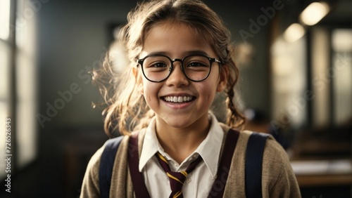 Close-up high-resolution image of a smart student in a modern classroom wearing eyeglasses. Ambient lights.