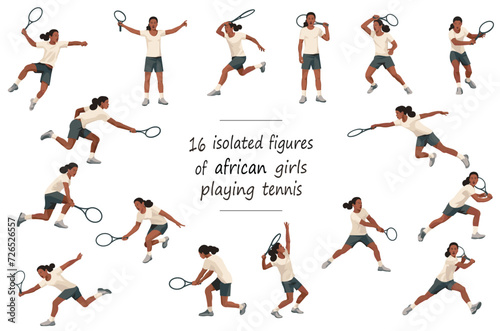 16 girl figures of Nigerian women's tennis players in white sports equipment hitting, throwing, catching the ball, standing, jumping and running