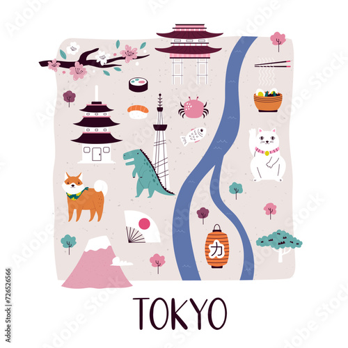 Vector stylized illustrated city map of Tokyo with famous landmarks, places and symbols