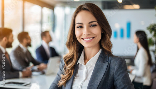 businesswoman exudes confidence at a presentation, engaging the camera with a warm smile and focused enthusiasm