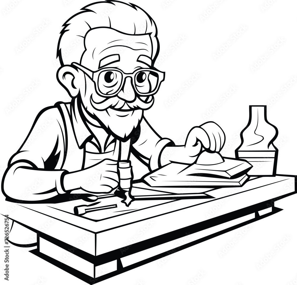 Black and White Cartoon Illustration of an Elderly Man Writing a Letter