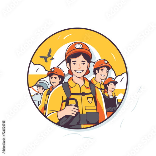 Fireman with group of people. Vector illustration in a circle.
