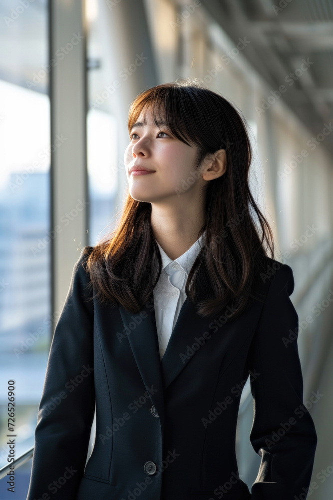 Young Japanese woman exudes confidence in a suit, smiling. Symbolizing the corporate world, the image reflects themes of career changes, job transitions, and the pursuit of opportunities.