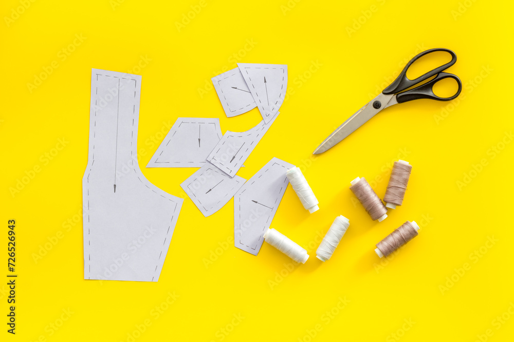 Sewing patterns and tailors accessories, top view. Sewing dress workshop Sewing patterns and tailors accessories, top view. Sewing dress workshop