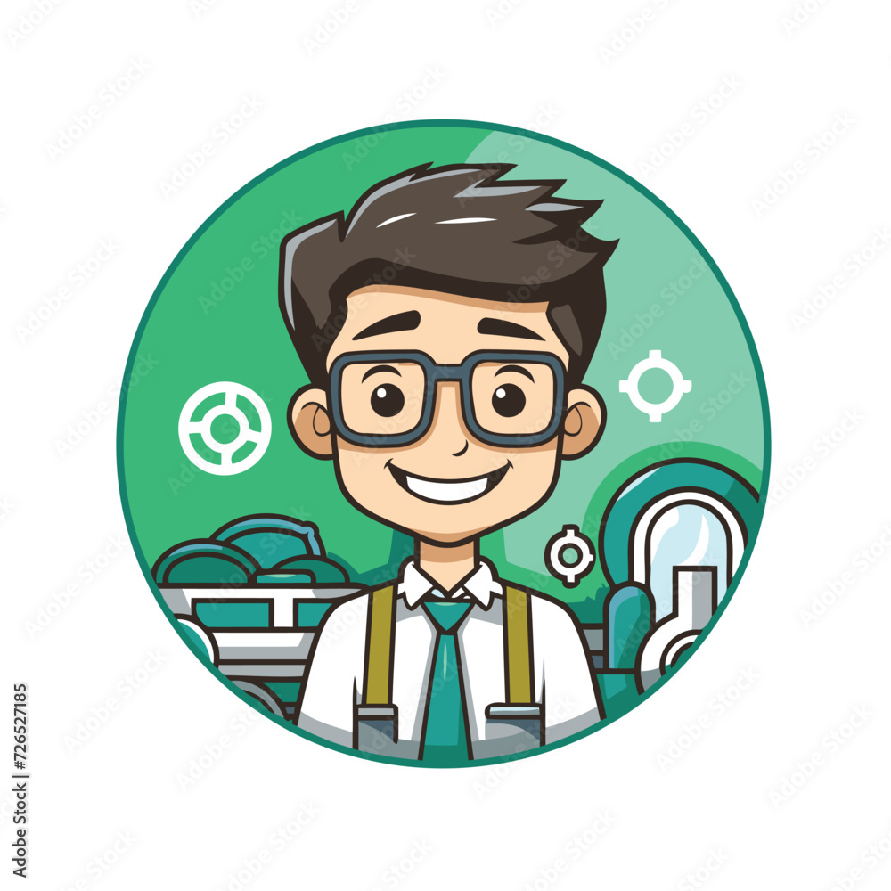 Geeky man with glasses in round icon. Vector illustration.