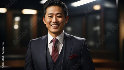 Close-up high-resolution image of a successful Asian businessman working in his office. Ambient lights. photo