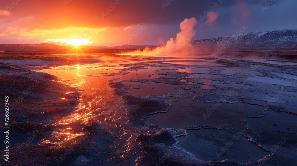 A photo of the Haukadalur geothermal area, with geysers scattered across a volcanic plain as the background, during a dramatic sunset