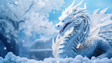 Banner with white dragon with bokeh winter snow background. Chinese New Year decoration close up of dancing dragon on festive background