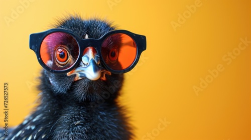 A close up of a bird wearing sunglasses.