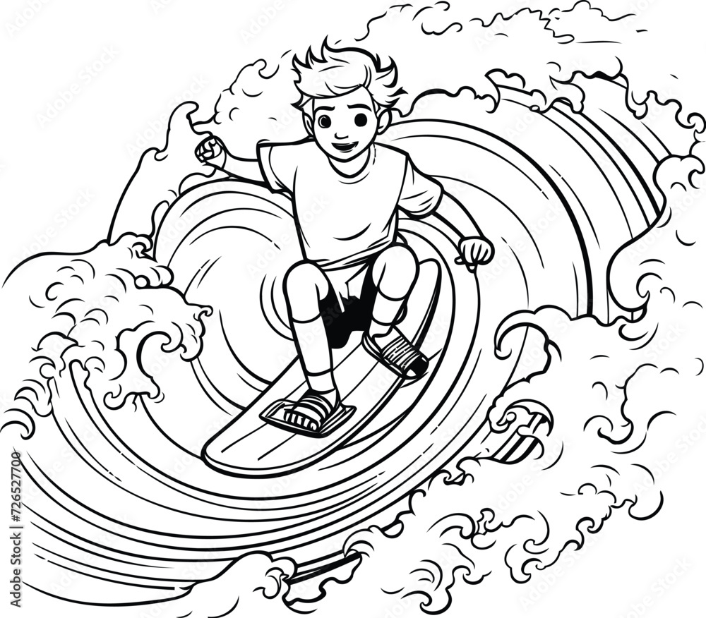 Surfer on surfboard. Black and white vector illustration for coloring book