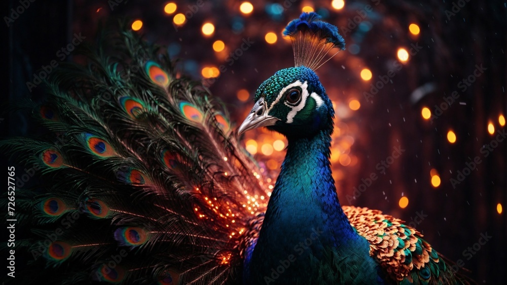 Close-up high-resolution image of a majestic and colorful peacock. Ambient lights. Close-up high-resolution image of a majestic and colorful peacock. Ambient lights.