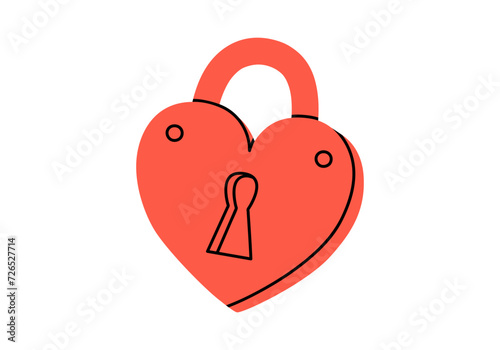 Hand drawn cute cartoon illustration of closed lock in heart shape. Flat vector abandonment of the relationship, loneliness sticker in doodle style. Valentine's Day icon. Wedding vow. Isolated