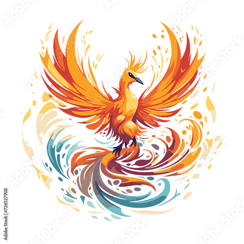 Beautiful vector image of a flying phoenix bird on a colorful background.