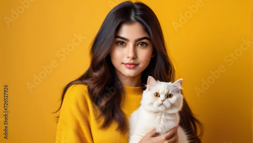 A captivating image capturing the essence of a young girl with an adorable persian cat, set against a vibrant yellow backdrop.