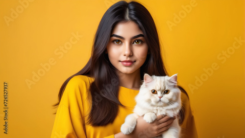 A captivating image capturing the essence of a young girl with an adorable persian cat, set against a vibrant yellow backdrop.