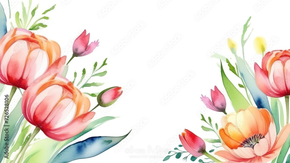 Watercolor tulips flowers frame easter womans day mothers card template background banner spring - obrazy, fototapety, plakaty 