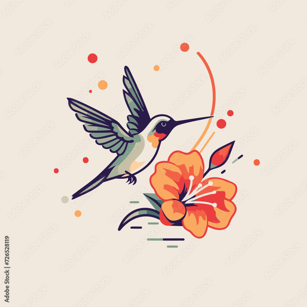 Hummingbird with flowers. Vector illustration in flat design style.