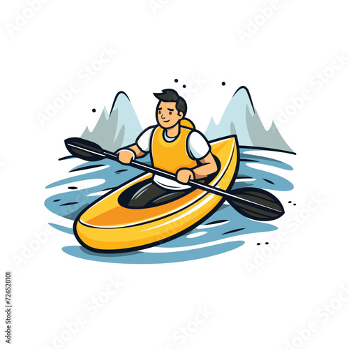 Man in a kayak on the river. Vector illustration in cartoon style