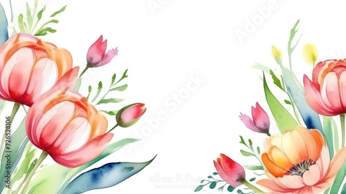Watercolor tulips flowers frame easter womans day mothers card template background banner spring #726528106