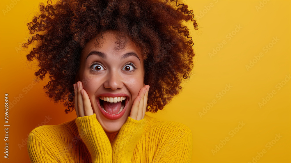 Oh my goodness, ecstatic delight and amusement Feminine fashion sense, stylish facial expressions conveying a concept of elegance. Detailed portrait of an impressed, joyful, and lively african lady Oh my goodness, ecstatic delight and amusement Feminine fashion sense, stylish facial expressions conveying a concept of elegance. Detailed portrait of an impressed, joyful, and lively african lady