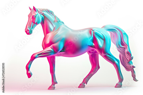 A pink and blue horse standing on its hind legs.