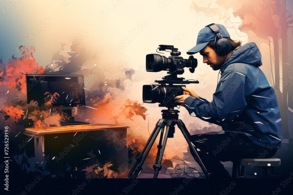 Man Sitting in Front of Camera on Tripod