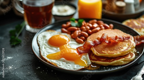 A plate of breakfast food consisting of eggs, bacon, and beans. Perfect for food-related designs and advertisements © Fotograf