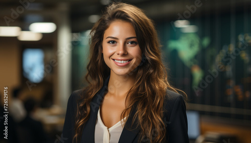 Confident businesswoman standing in office, smiling with elegance generated by AI