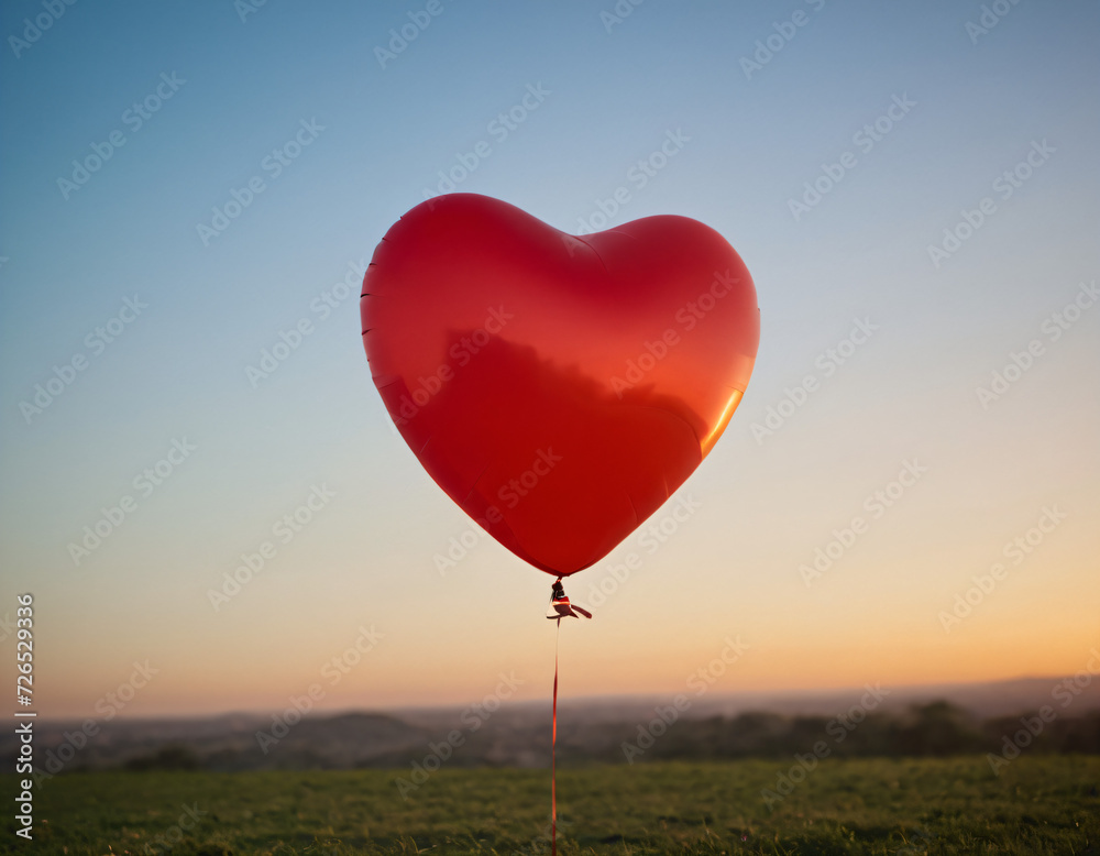 Fototapeta premium A lone red heart-shaped balloon basks in the golden sunlight against a clear sky, symbolizing love and hope.