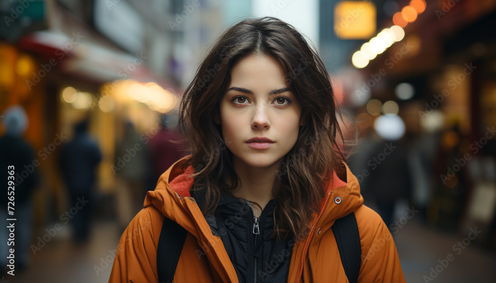 A confident young woman walking in the city at night generated by AI A confident young woman walking in the city at night generated by AI