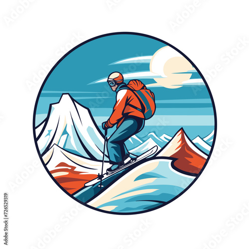 Vector illustration of a skier skier with snowboard and snowboard in the mountains.